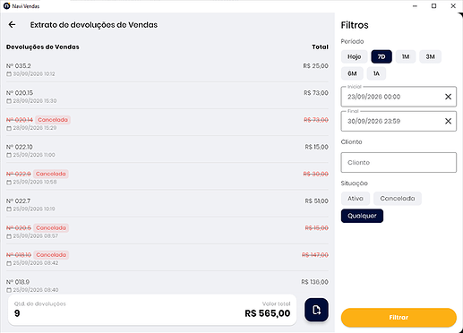 Extrato de devoluções de vendas