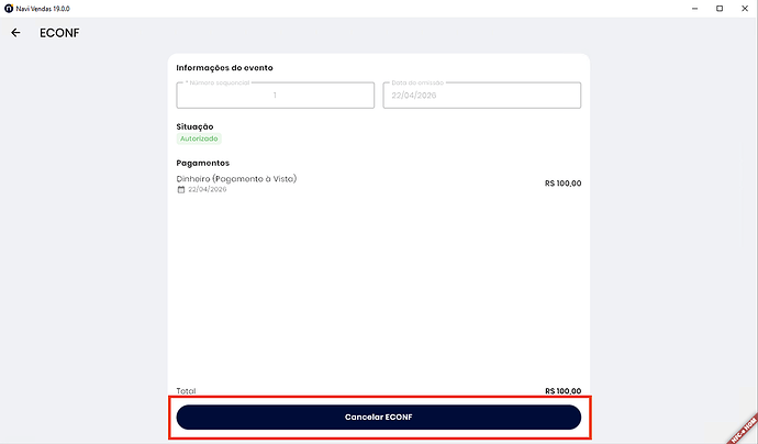 Navi - tela ECONF - Cancelar ECONF