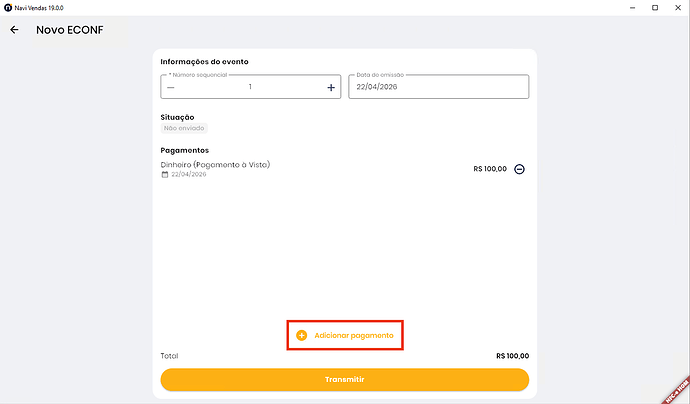 Navi - tela ECONF - adicionar pagamento