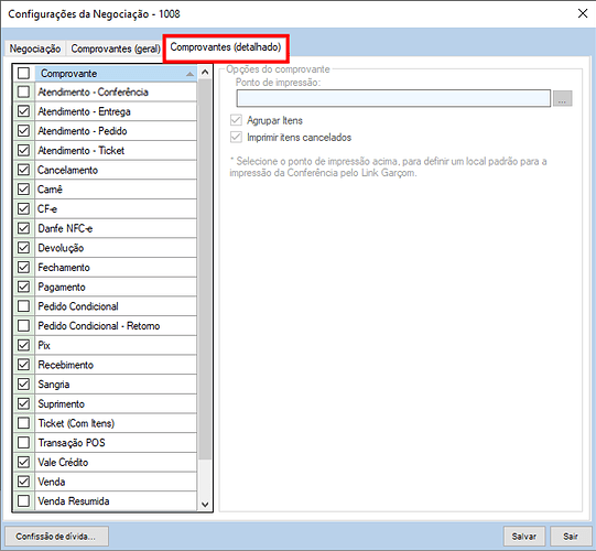 Comprovantes detalhados janela