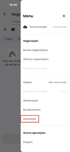 Navi - menu Caixa - Devolução