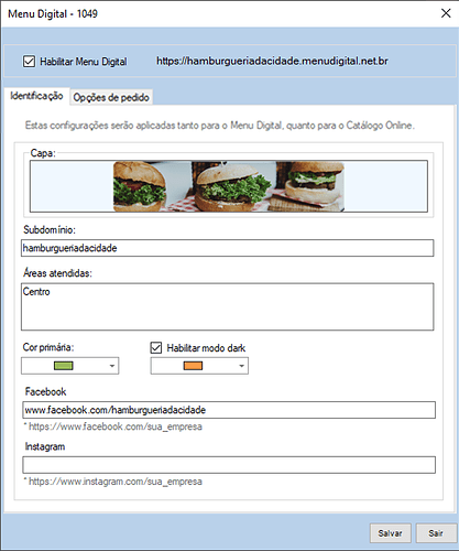 Menu Digital - Identificação preenchido